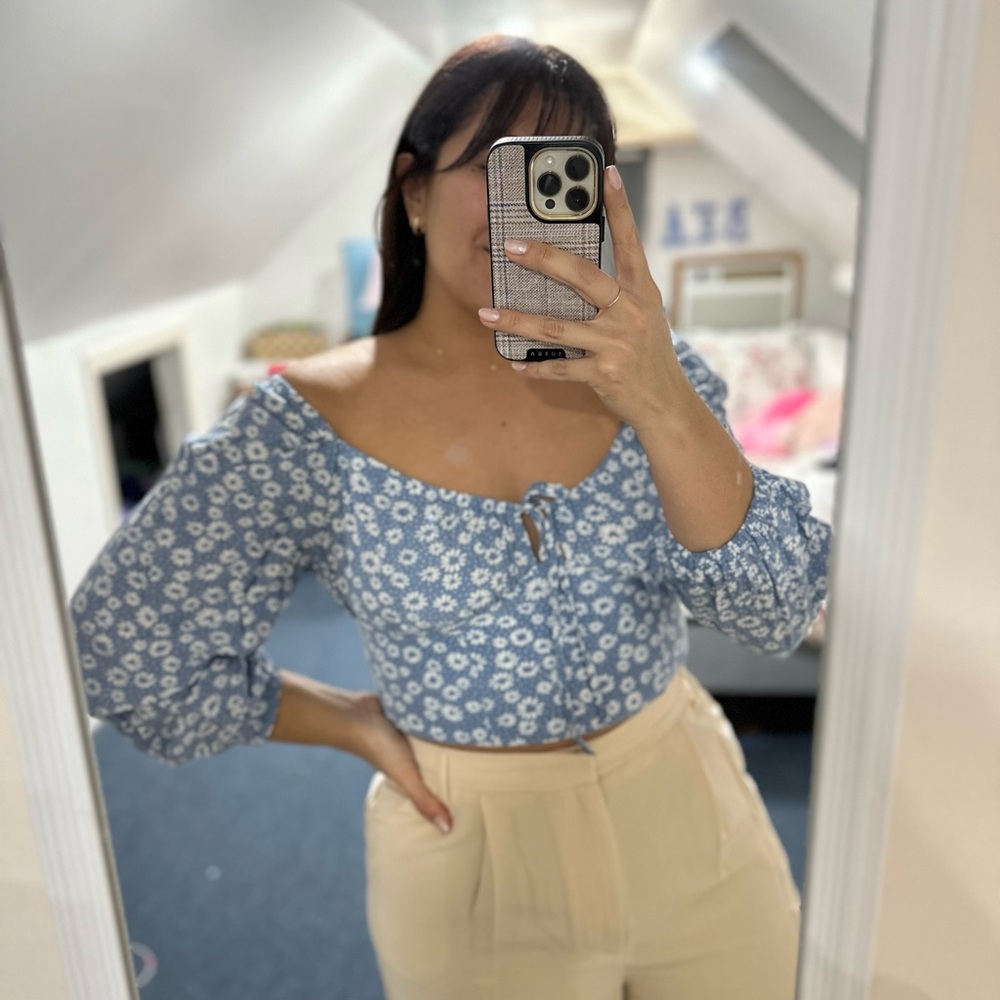 Wild Fable Blue and White Puff Sleeve Crop Blouse